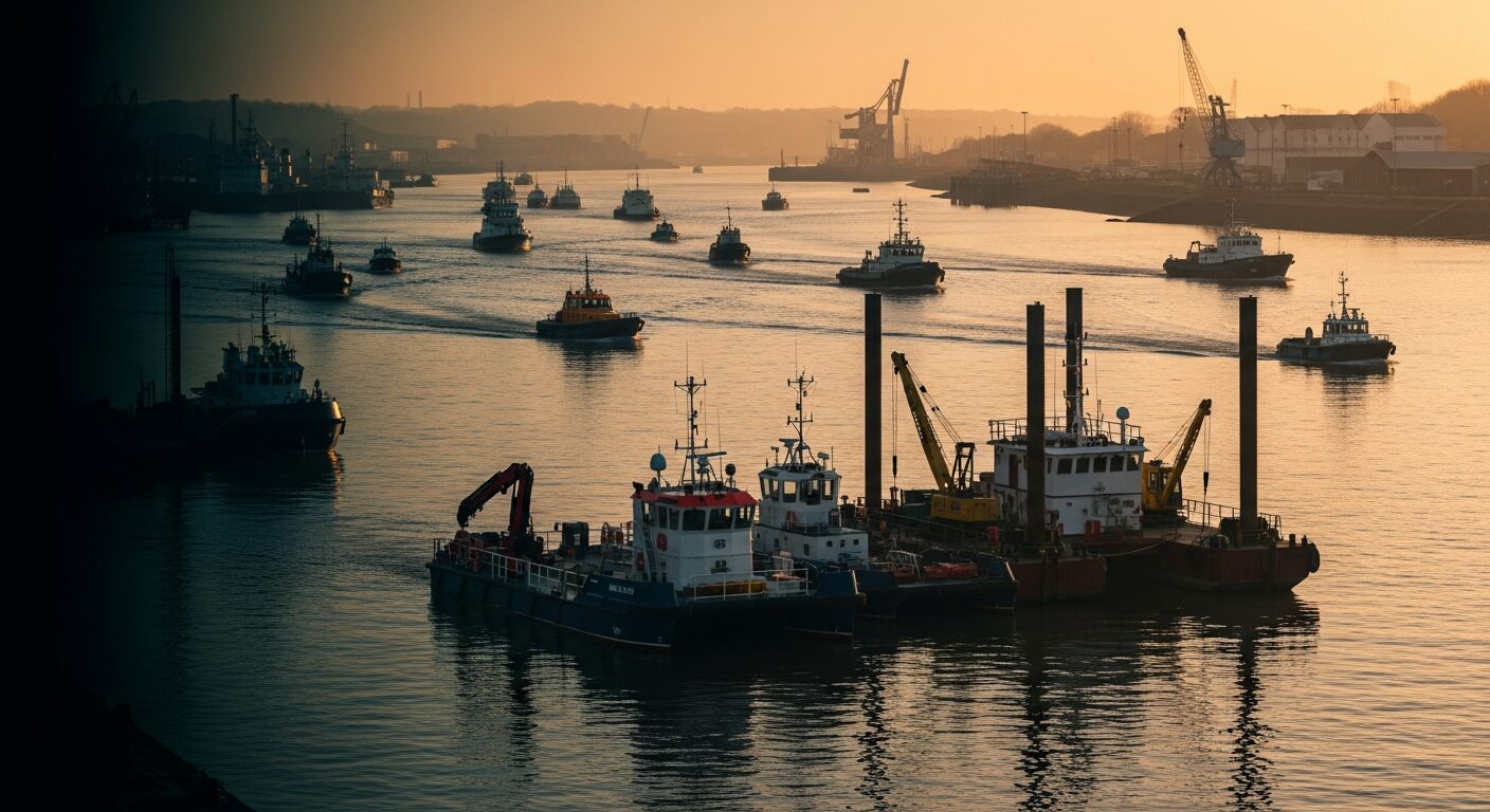 Tugs, multicat workboats and construction jack-up barges on a busy river near a port at dusk