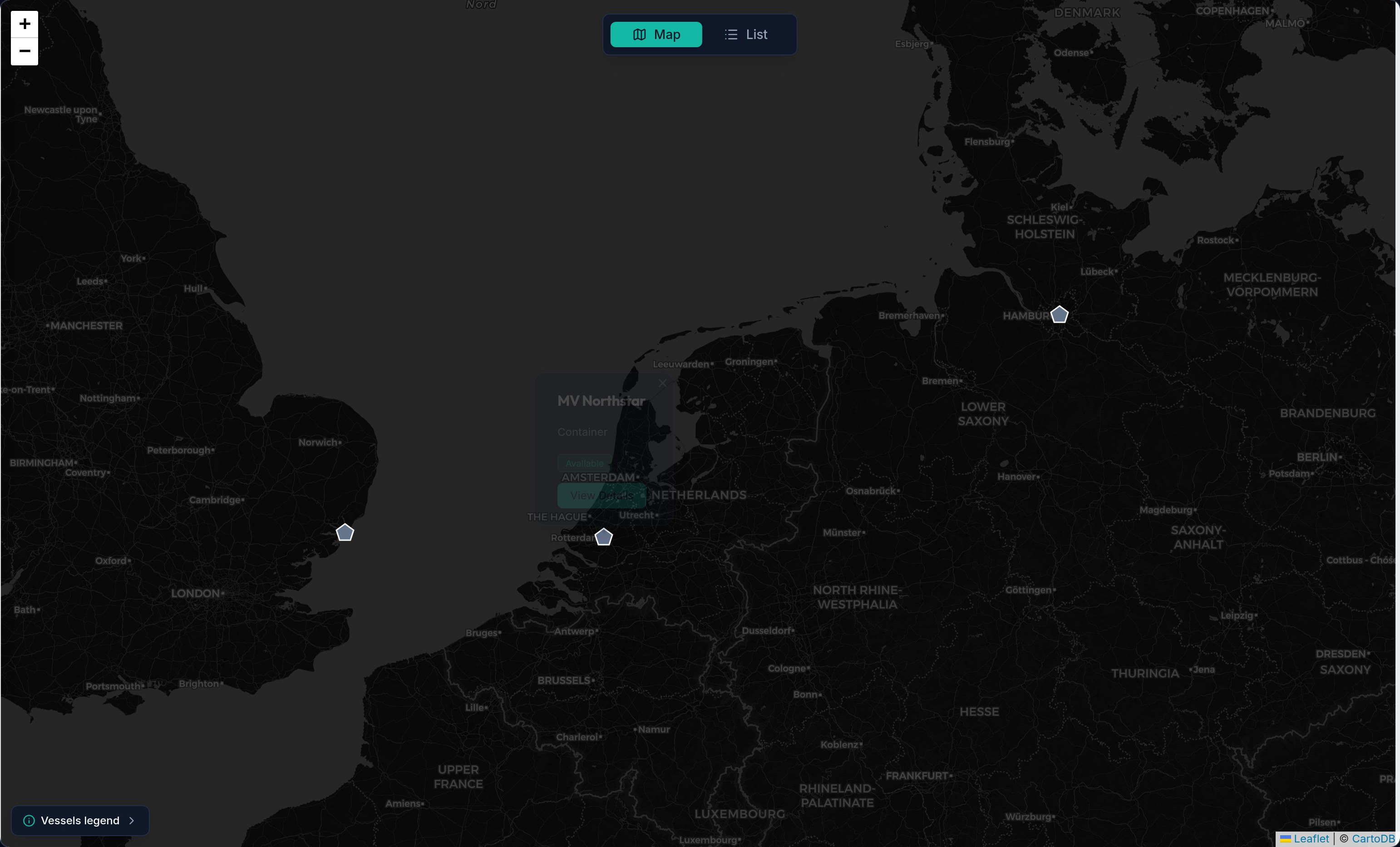 Vessel4you live map showing commercial vessels available for charter
